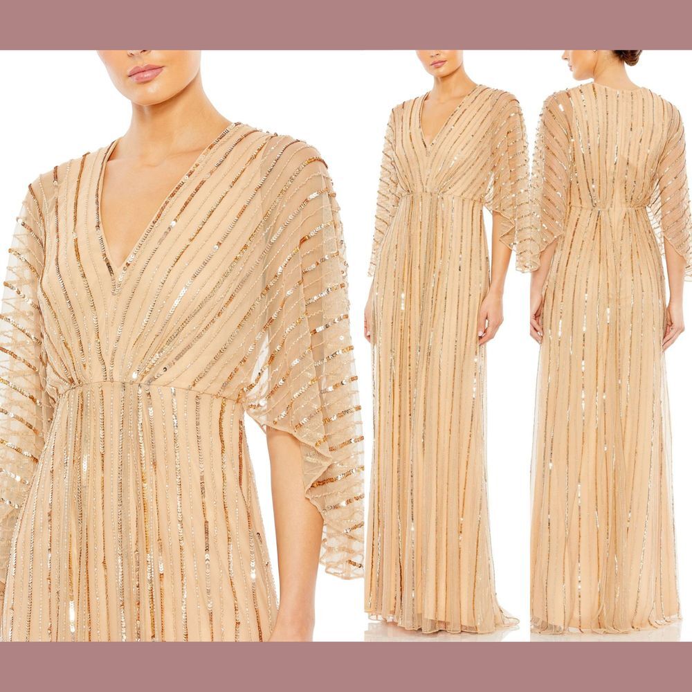 NWT Mac Duggal [ 10 ] 93841 Beaded Striping Kimono Sleeve V Neck Gown Taupe GOld